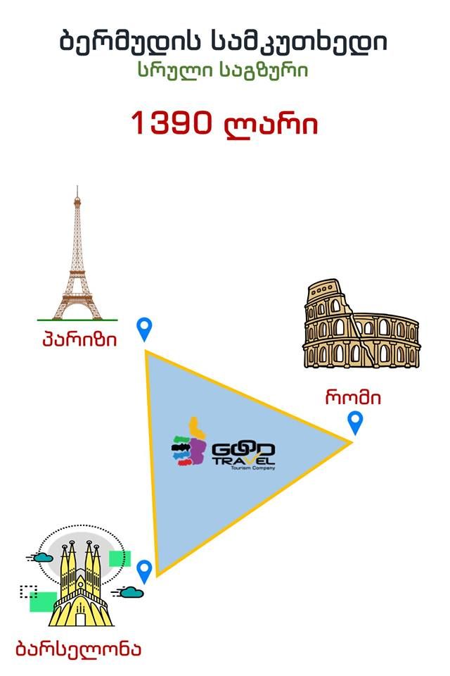 ბერმუდის სამკუთხედი -  მიმართულება: ქუთაისი - პარიზი + ბარსელონა - რომი - ქუთაისი!  სრული საგზური !